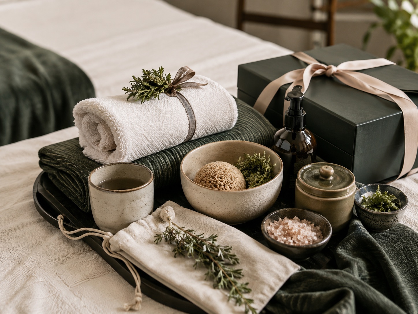 In-suite welcome tray with herbal amenities, tea and bath salts