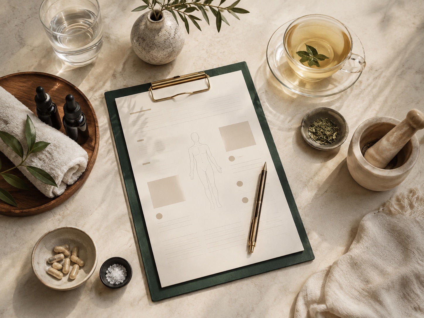 Clinical intake chart with herbal tinctures, tea and botanical preparations