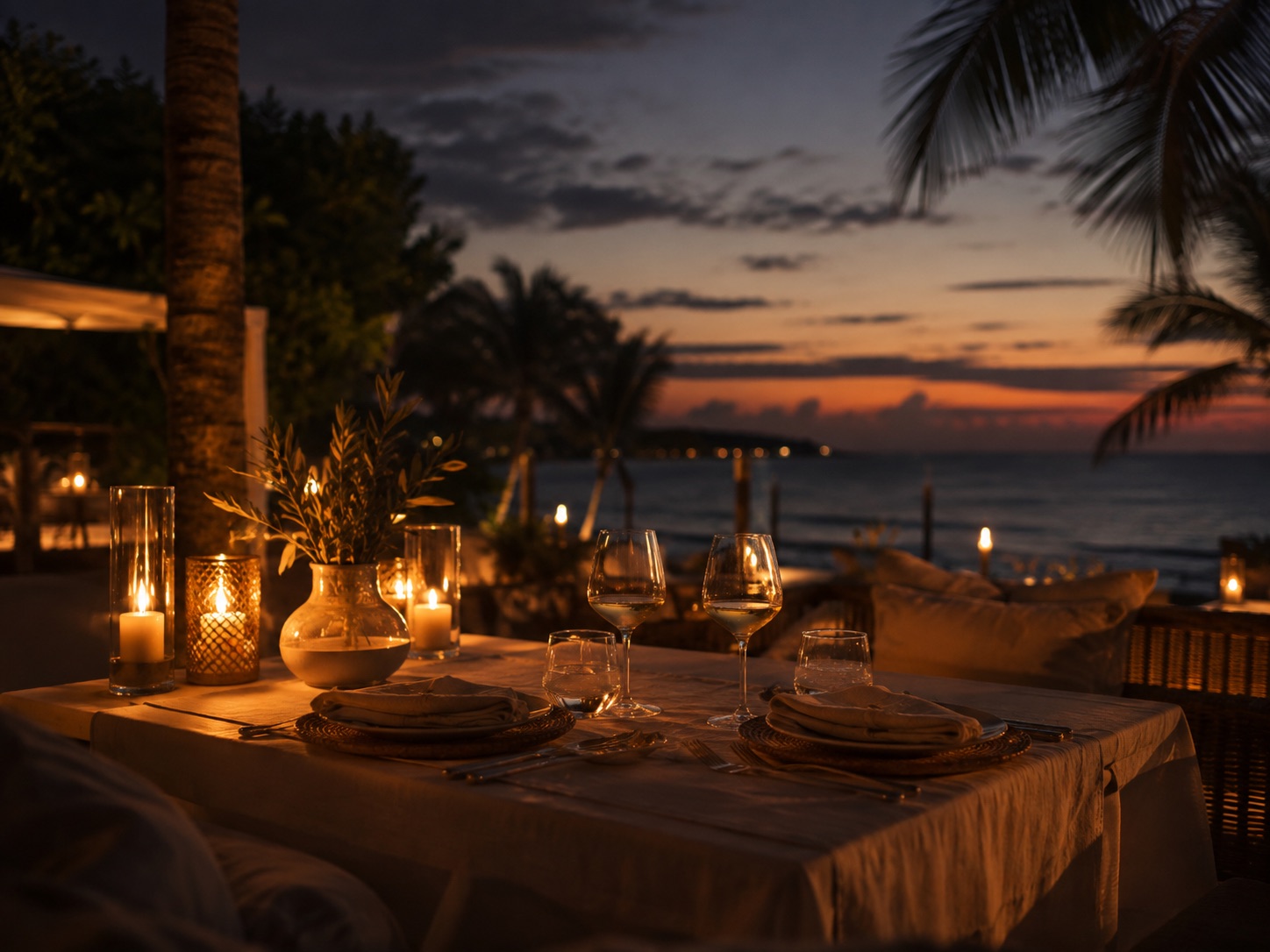 Candlelit dinner table on the beach at sunset