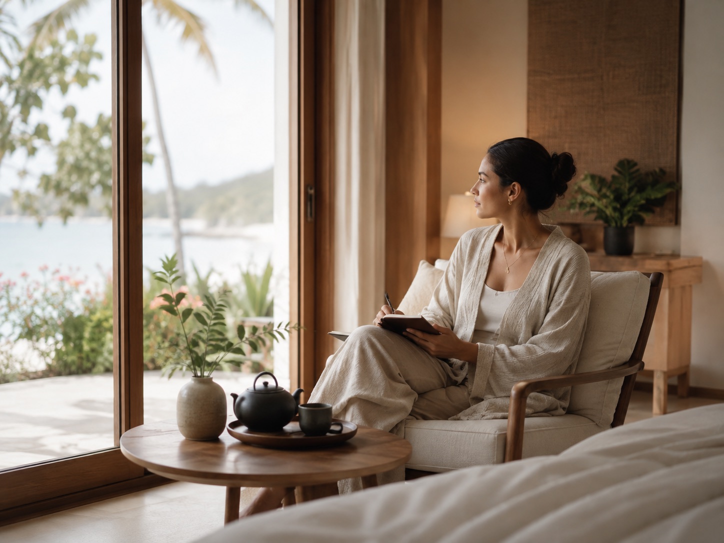 Guest journaling with tea beside a sea-view window