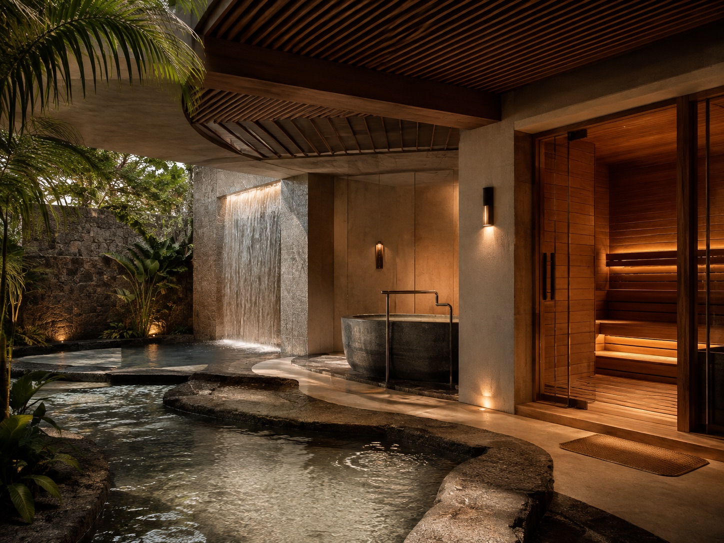 Recovery pavilion with waterfall pool, cold plunge and sauna