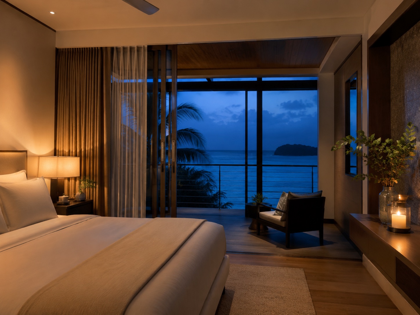 Ocean-view suite at dusk with warm lamplight