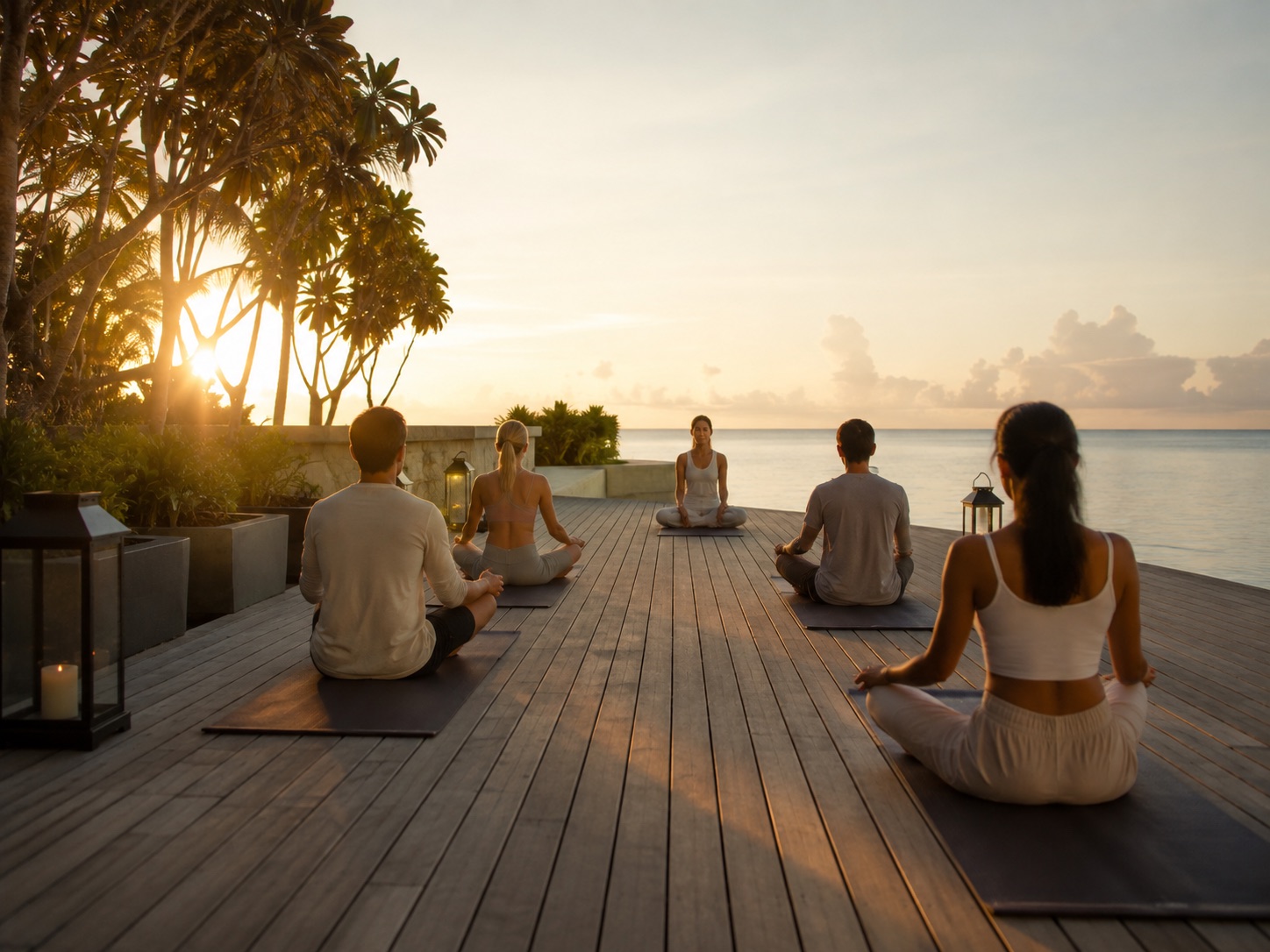 Sunrise group meditation on an oceanfront deck